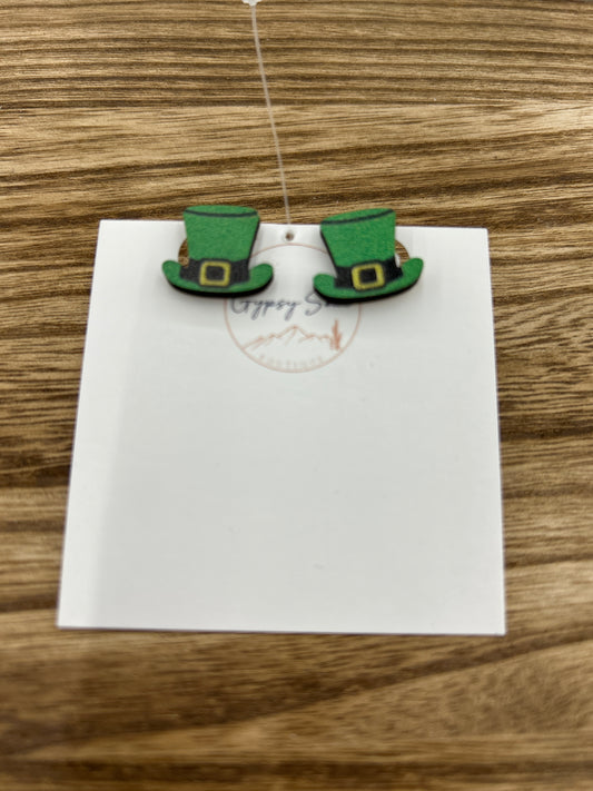 Wooden Green St Pattys Hat Earrings