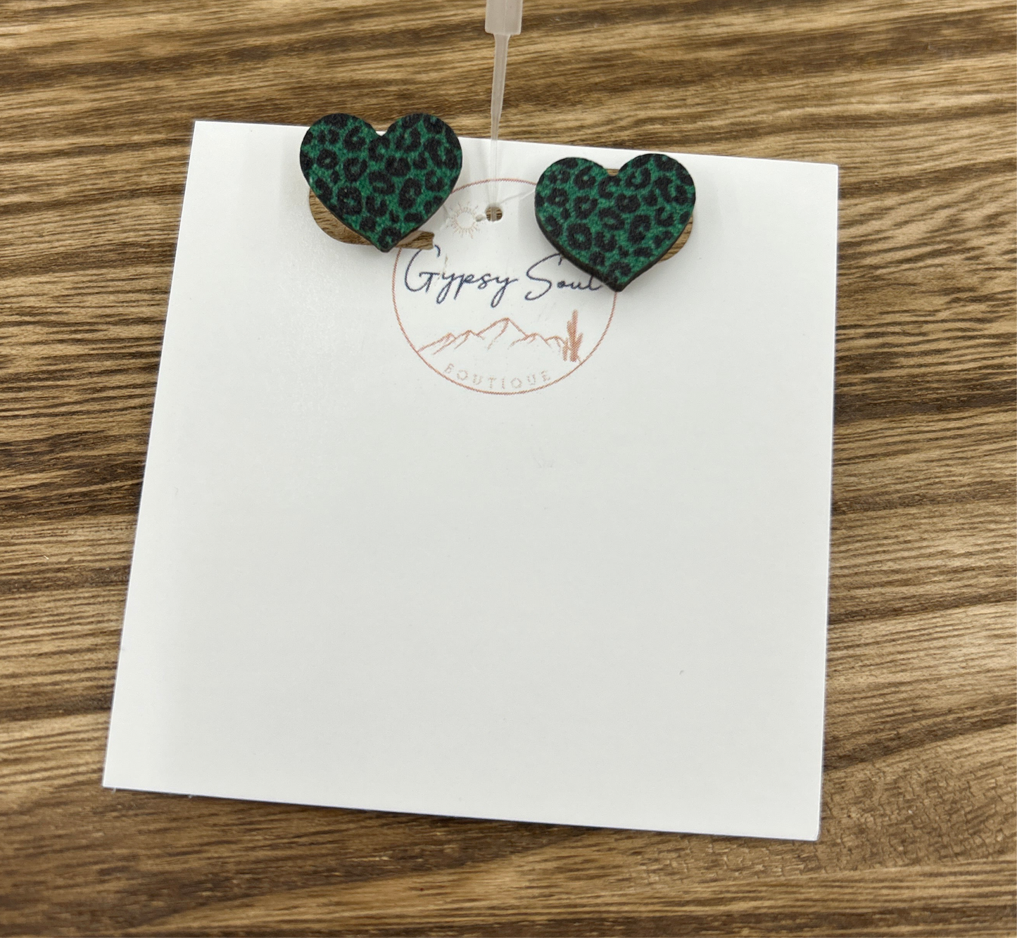 Wooden Green Leopard Print Heart Earrings