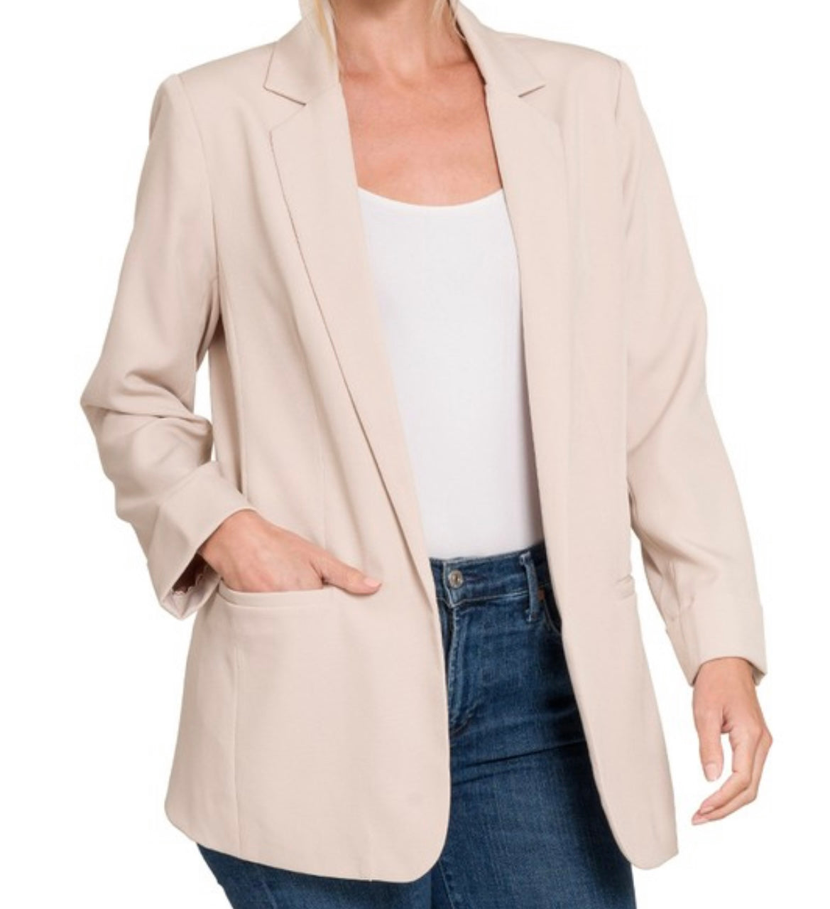 Classic Blazer With Padded Shoulders- Sand