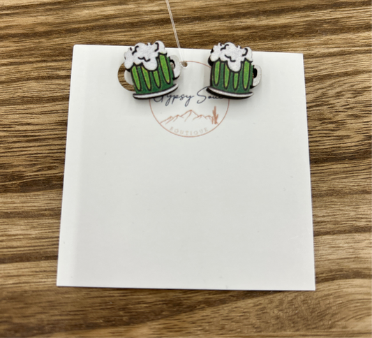 Wooden Green Beer Earrings