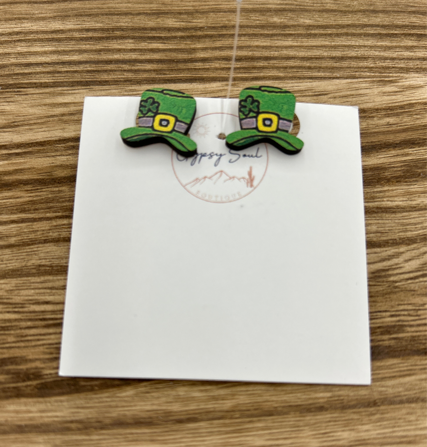 Wooden Clover St Pattys Hat Earrings