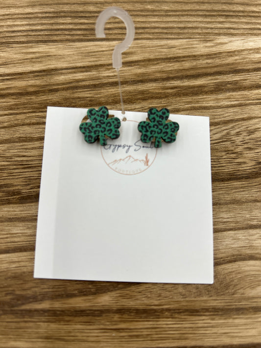 Wooden Green Leopard Print Earrings