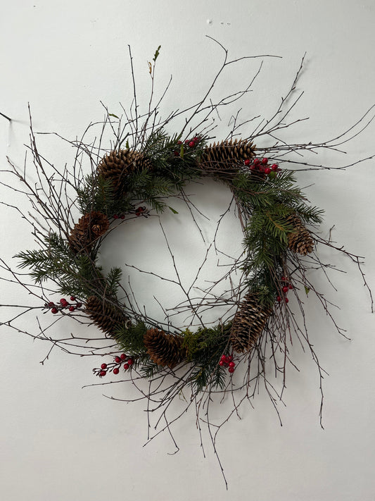 Twig Wreath With Pine Cones and Berries