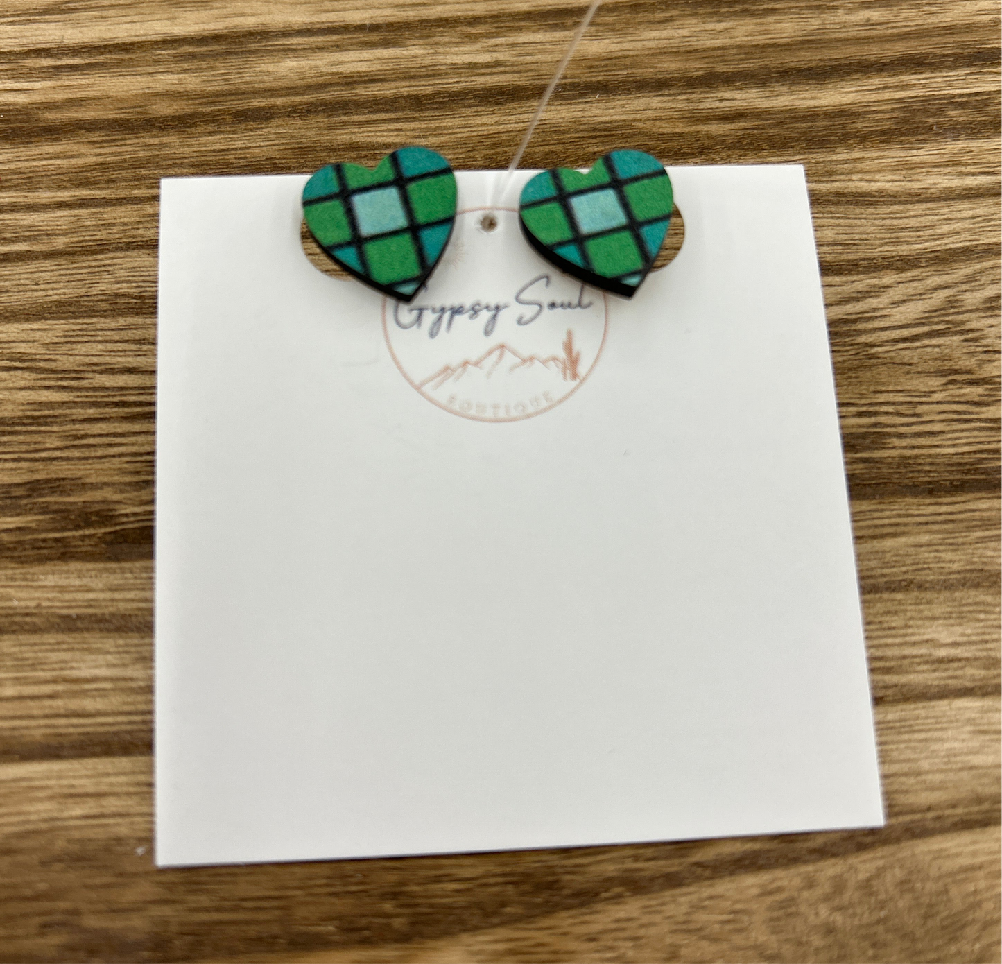 Wooden Green Plaid Heart Earrings