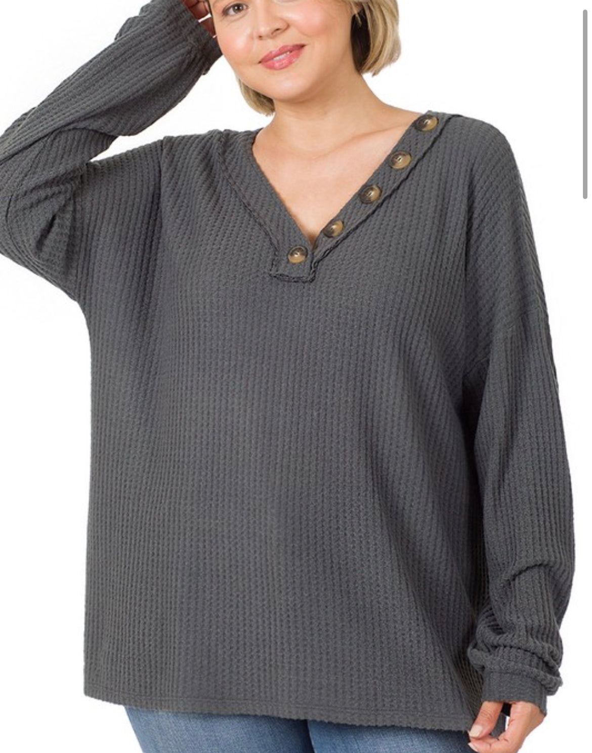 Brushed Thermal Waffle Knit Buttoned Sweater