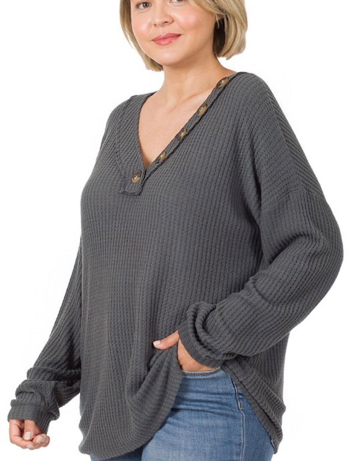 Brushed Thermal Waffle Knit Buttoned Sweater