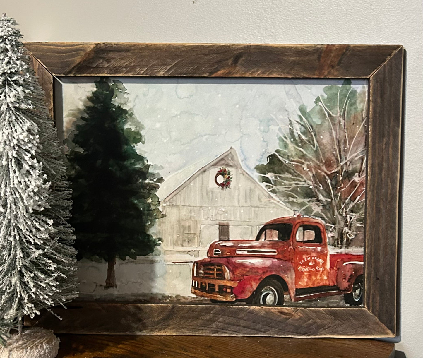 Classic Red Truck and Barn Winter Sign