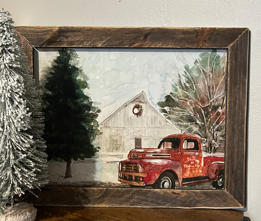 Cartel de invierno clásico de camión rojo y granero