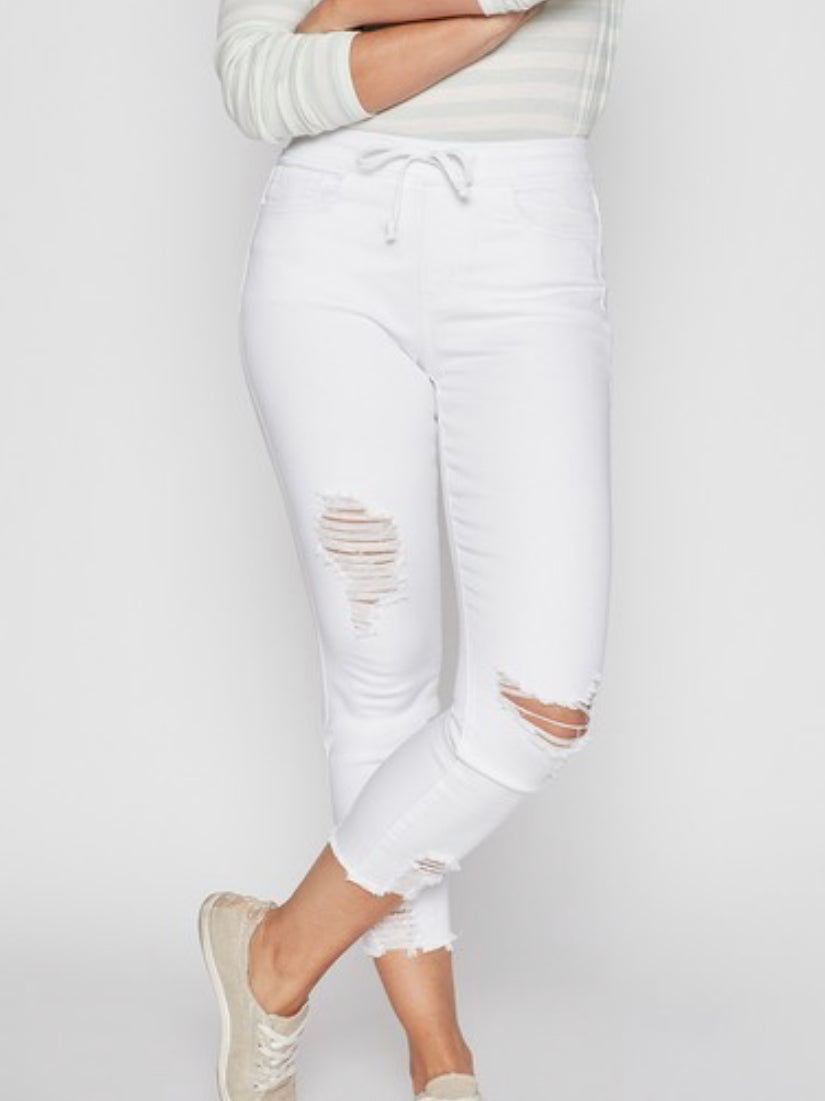 Distressed White Petite High Rise Pull On Pants