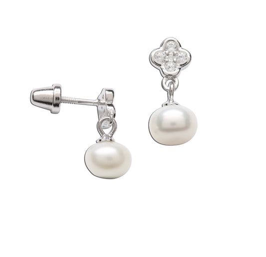 Sterling Silver Girls Daisy with Dangling Pearl Earrings