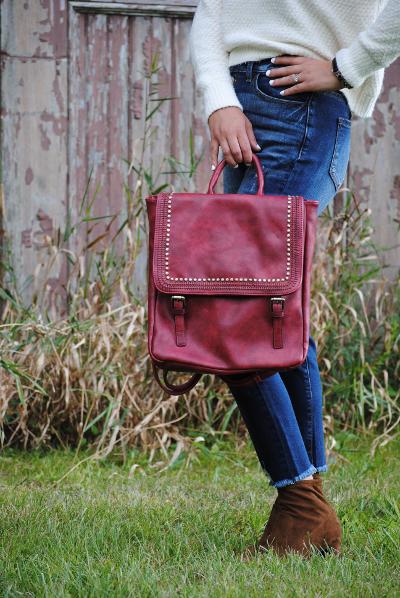 Valerie Studded Flapover Backpack Purse in Wine